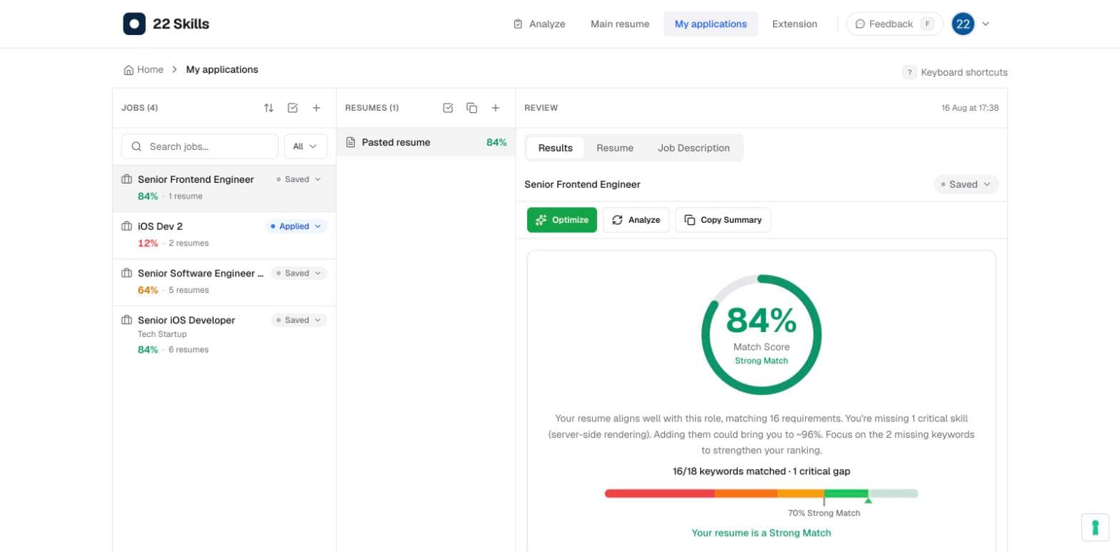 My applications hub in 22 Skills showing four jobs, one resume, and an 84% match score with 16 of 18 keywords matched